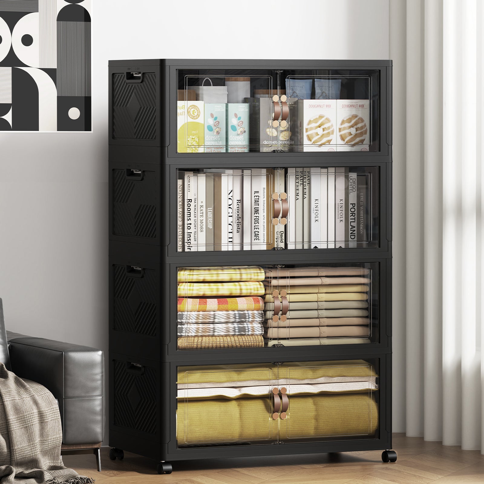 Heavy-Duty Collapsible & Stackable Storage Bins with Door & a Lid,Perfect for Blanket Storage, Pillow Organizer, Bedroom Closet & Living Room, Black
