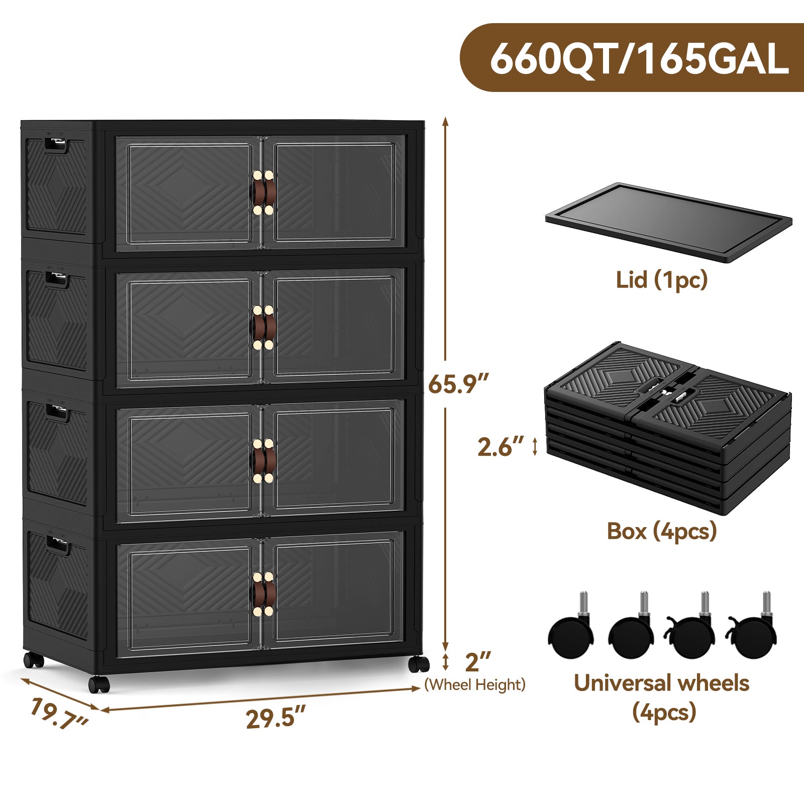 Heavy-Duty Collapsible & Stackable Storage Bins with Door & a Lid,Perfect for Blanket Storage, Pillow Organizer, Bedroom Closet & Living Room, Black