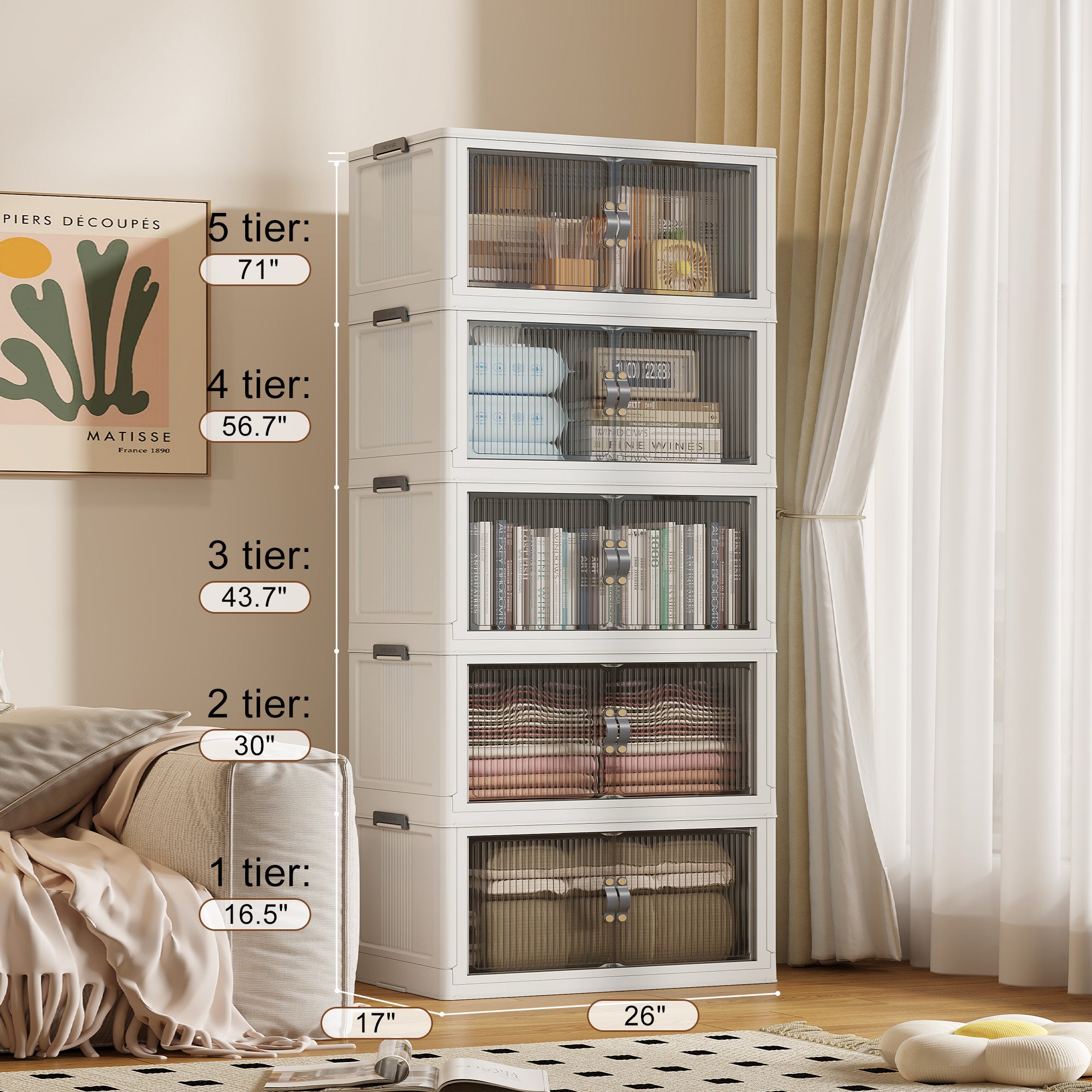 Collapsible & Stackable Storage Bins with Door & a Lid,Perfect for Blanket Storage, Pillow Organizer, Bedroom Closet & Living Room, White