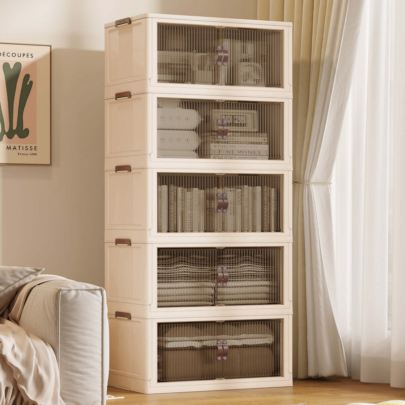 Collapsible & Stackable Storage Bins with Door & a Lid,Perfect for Blanket Storage, Pillow Organizer, Bedroom Closet & Living Room, Beige