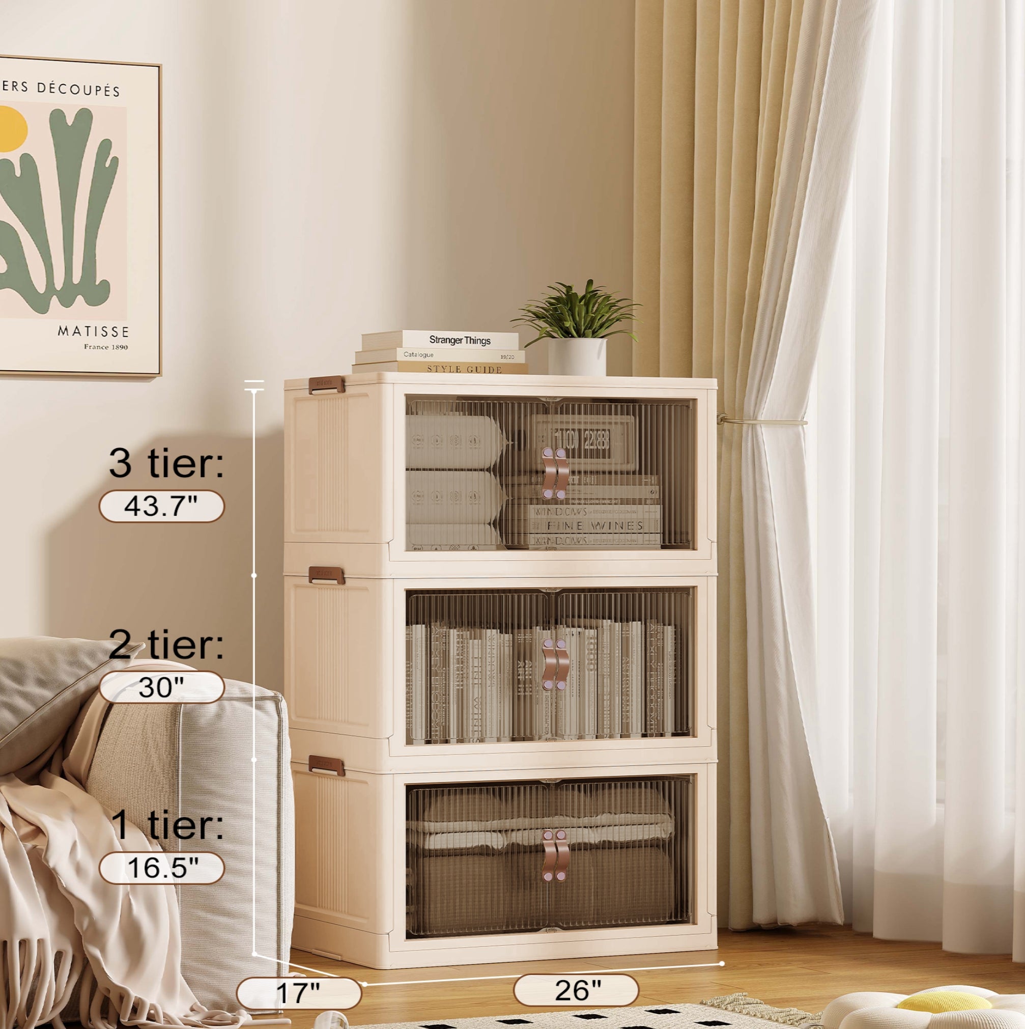 Collapsible & Stackable Storage Bins with Door & a Lid,Perfect for Blanket Storage, Pillow Organizer, Bedroom Closet & Living Room, Beige