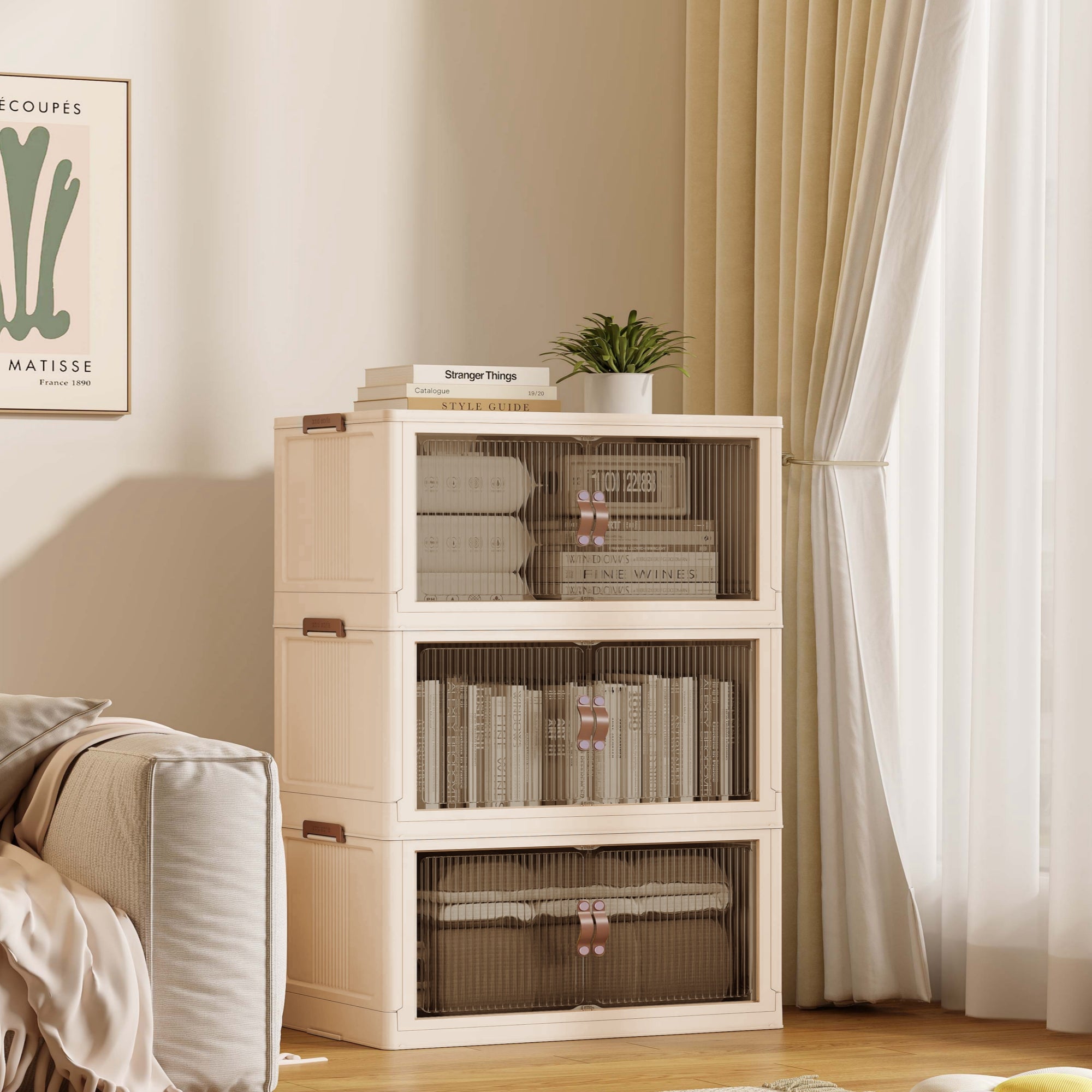 Collapsible & Stackable Storage Bins with Door & a Lid,Perfect for Blanket Storage, Pillow Organizer, Bedroom Closet & Living Room, Beige