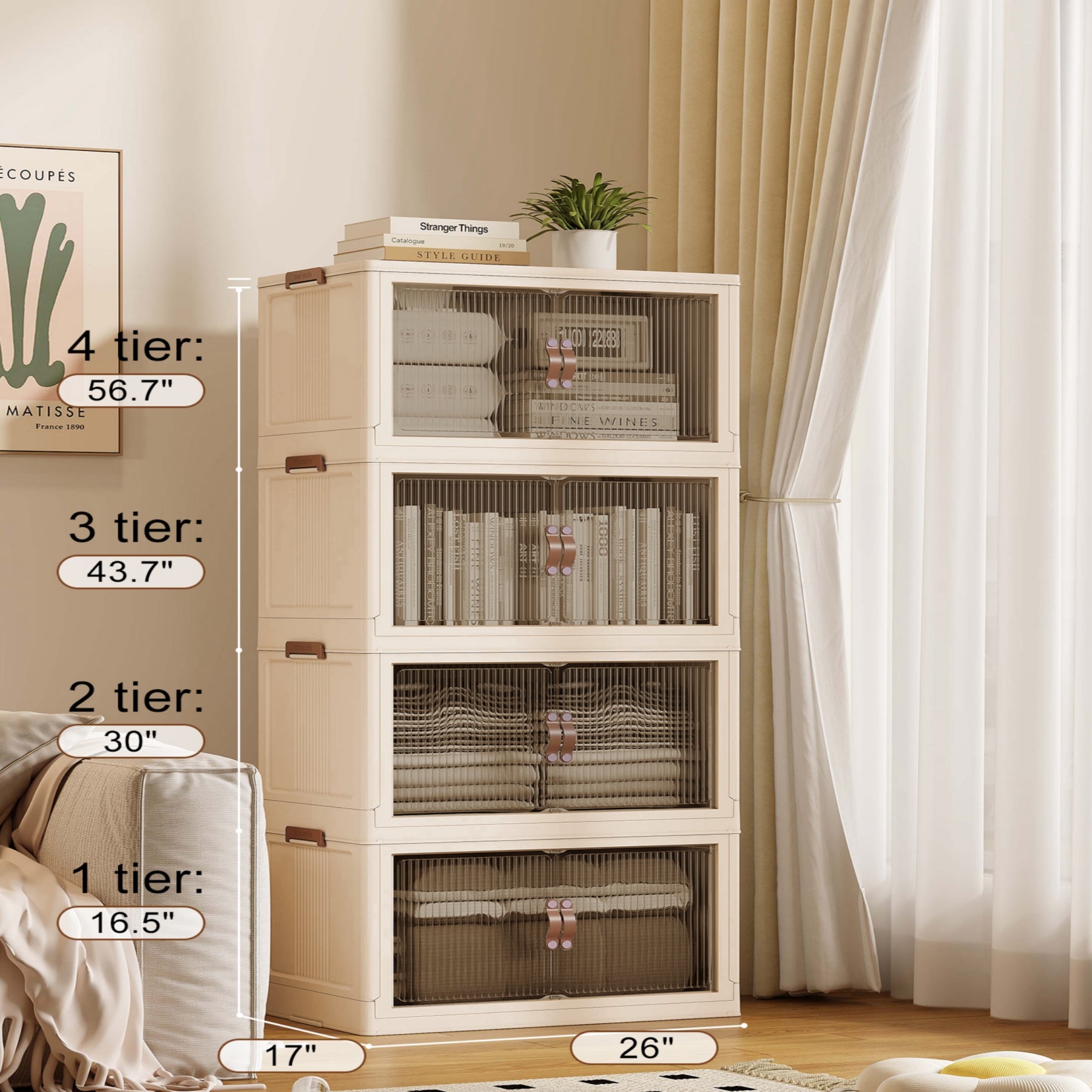 Collapsible & Stackable Storage Bins with Door & a Lid,Perfect for Blanket Storage, Pillow Organizer, Bedroom Closet & Living Room, Beige