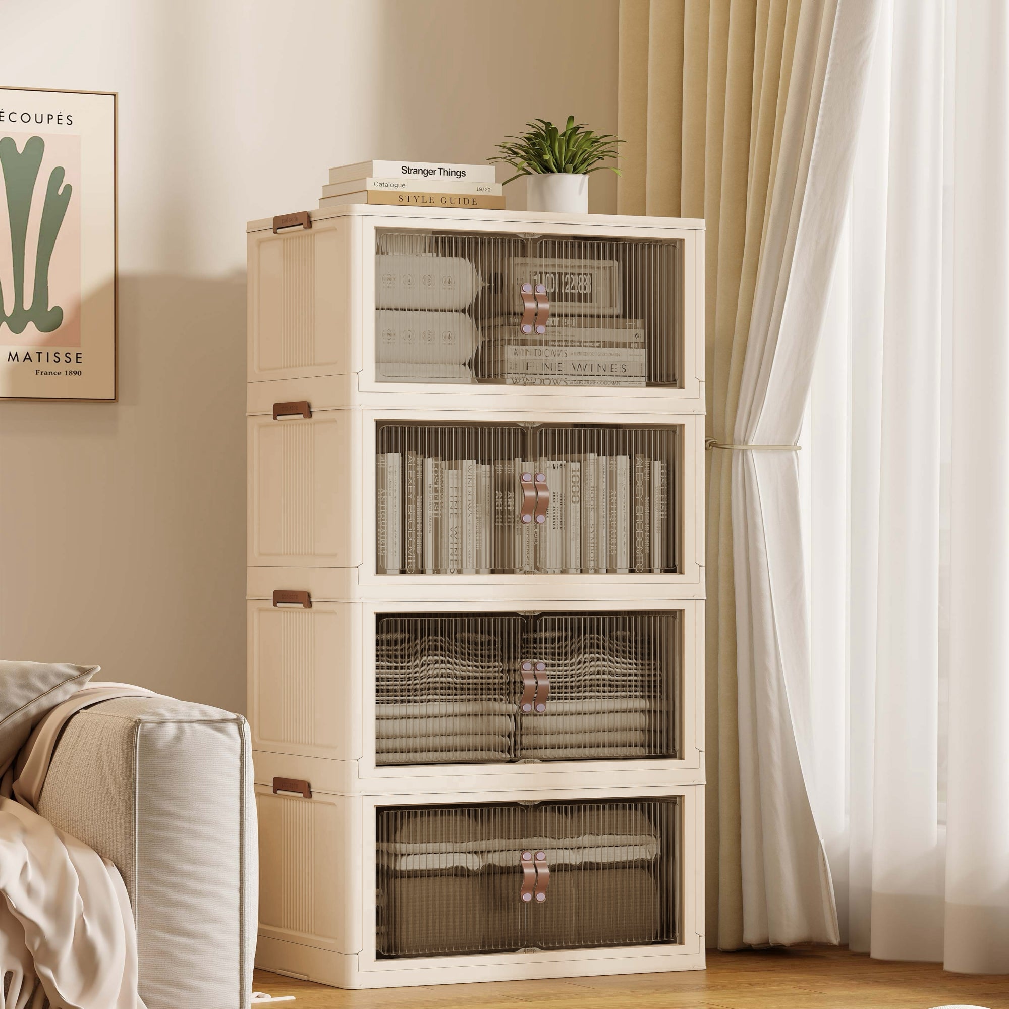 Collapsible & Stackable Storage Bins with Door & a Lid,Perfect for Blanket Storage, Pillow Organizer, Bedroom Closet & Living Room, Beige