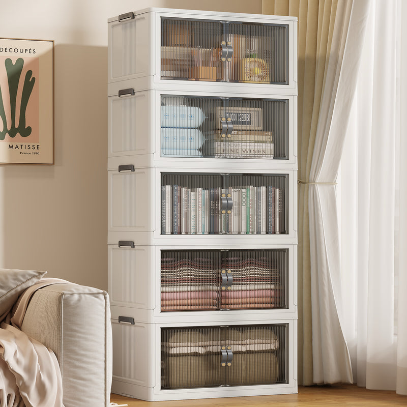 Collapsible & Stackable Storage Bins with Door & a Lid,Perfect for Blanket Storage, Pillow Organizer, Bedroom Closet & Living Room, White