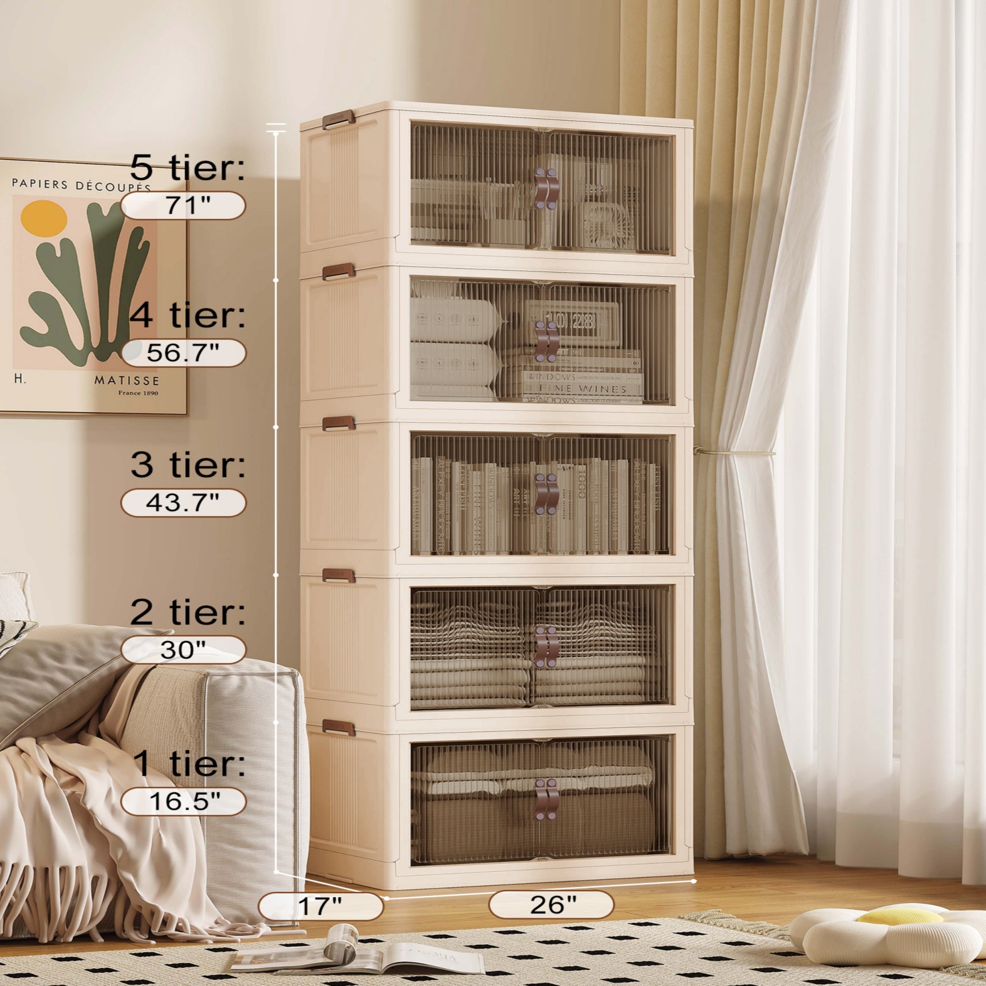 Collapsible & Stackable Storage Bins with Door & a Lid,Perfect for Blanket Storage, Pillow Organizer, Bedroom Closet & Living Room, Beige